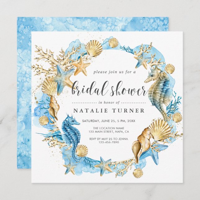 Under the Sea Blue & Gold Bridal Shower Invitation (Front/Back)