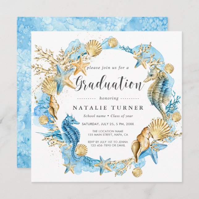 Under the Sea Blue Gold Graduation Invitation (Front/Back)