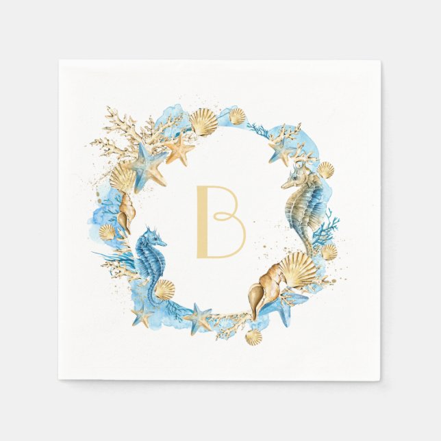 Under the Sea Blue Gold Monogram Napkins (Front)