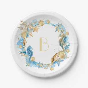 Under the Sea Blue Gold Monogram Paper Plates