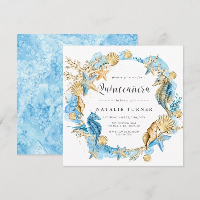 Under the Sea Blue & Gold Quinceañera Square Invitation (Front/Back)