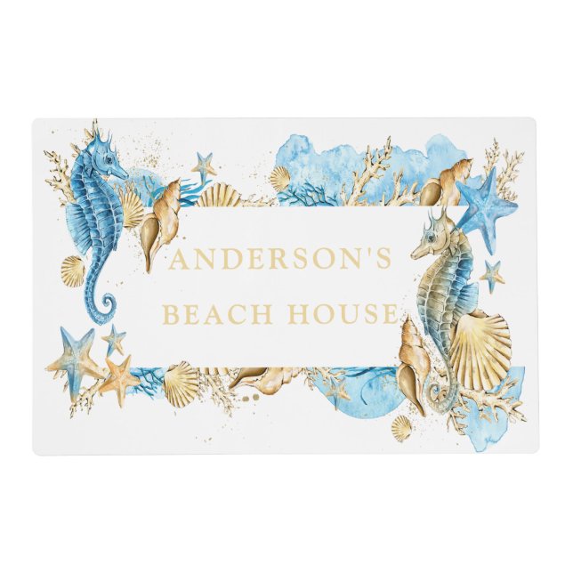 Under the Sea Blue & Gold Seahorse Beach House Placemat (Front)