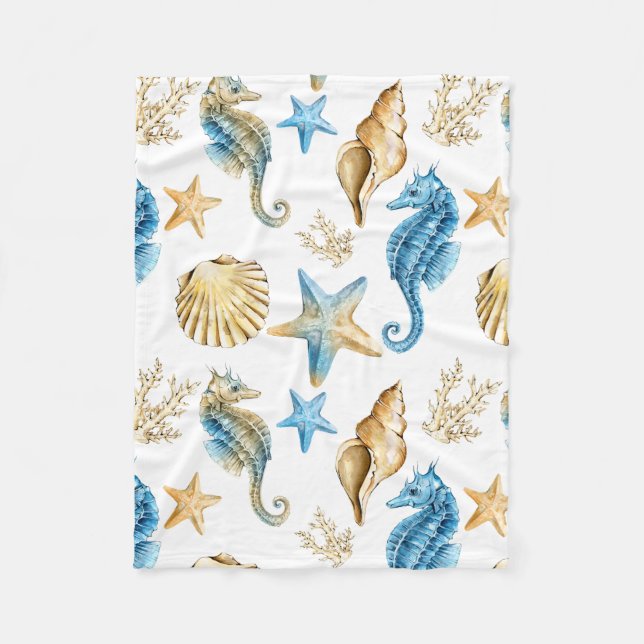 Under the Sea Blue & Gold Seahorse Fleece Blanket (Front)