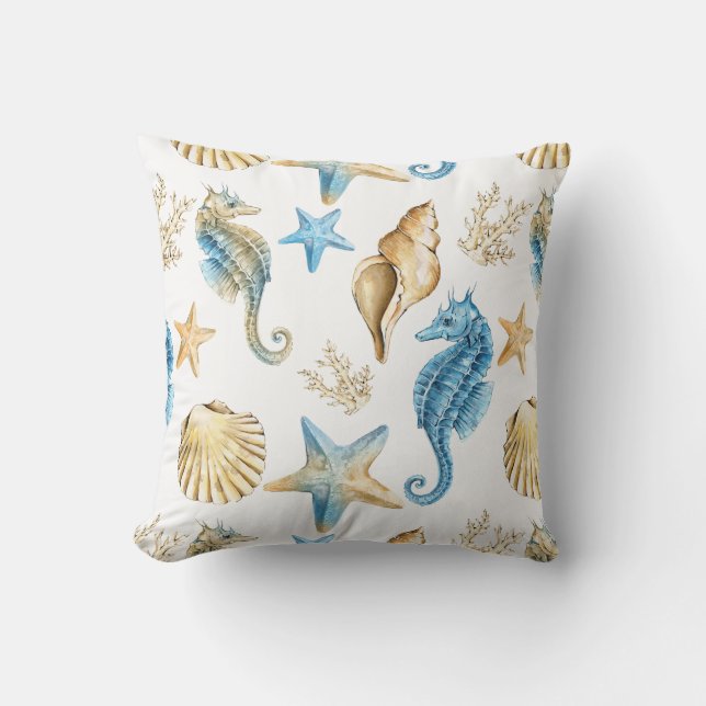 Under the Sea Blue & Gold Seahorse Outdoor Pillow (Front)