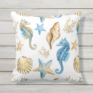 Under the Sea Blue & Gold Seahorse Outdoor Pillow