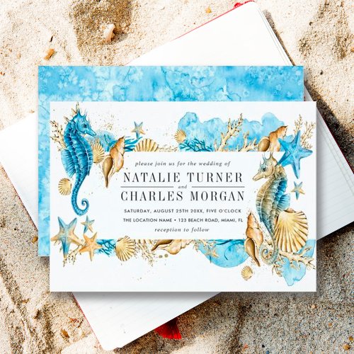 Under the Sea Blue Gold Summer Wedding Invitation