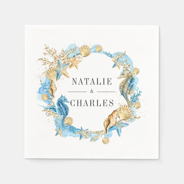 Under the Sea Blue Gold Summer Wedding Napkins (Front)