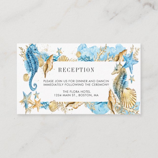 Under the Sea Blue Gold Summer Wedding Reception E Enclosure Card (Front)