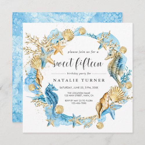 Under the Sea Blue  Gold Sweet Fifteen Square Invitation