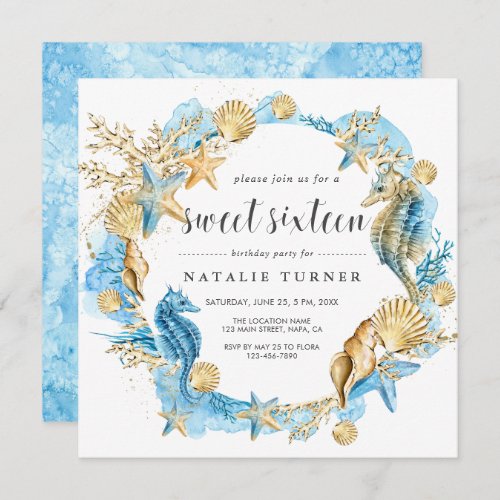 Under the Sea Blue  Gold Sweet Sixteen Square Invitation