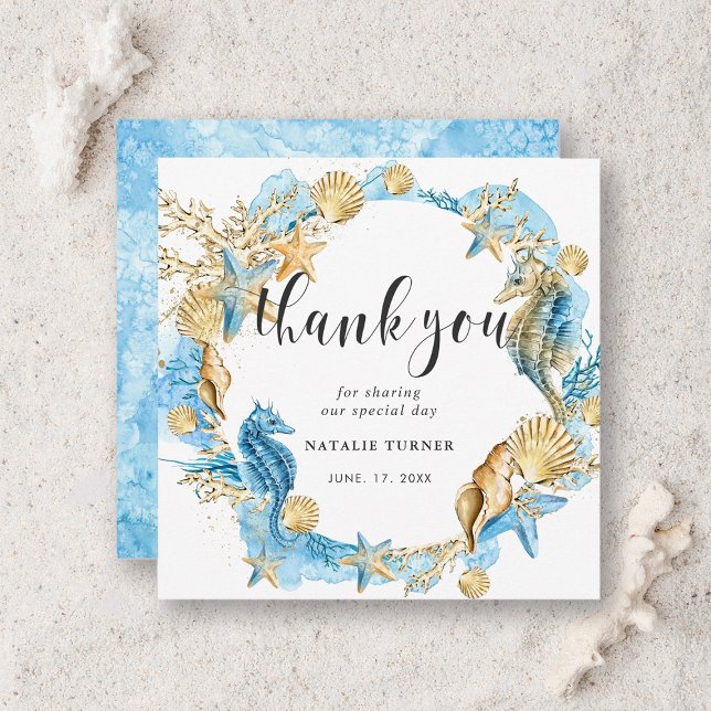 Under the Sea Blue & Gold Thank You Square Card (Front & Back)