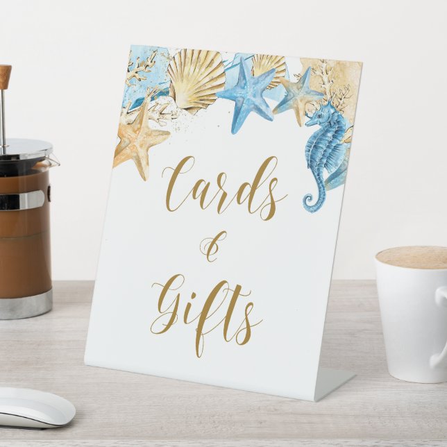 Under the Sea Blue Gold Wedding Cards and Gifts Pedestal Sign (In SItu)