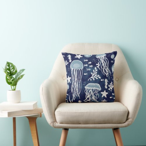 Under the sea Blue Jelly Fish Throw Pillow