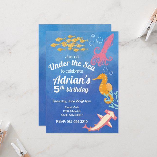 Under the Sea blue ocean birthday invitation  (Front/Back In Situ)