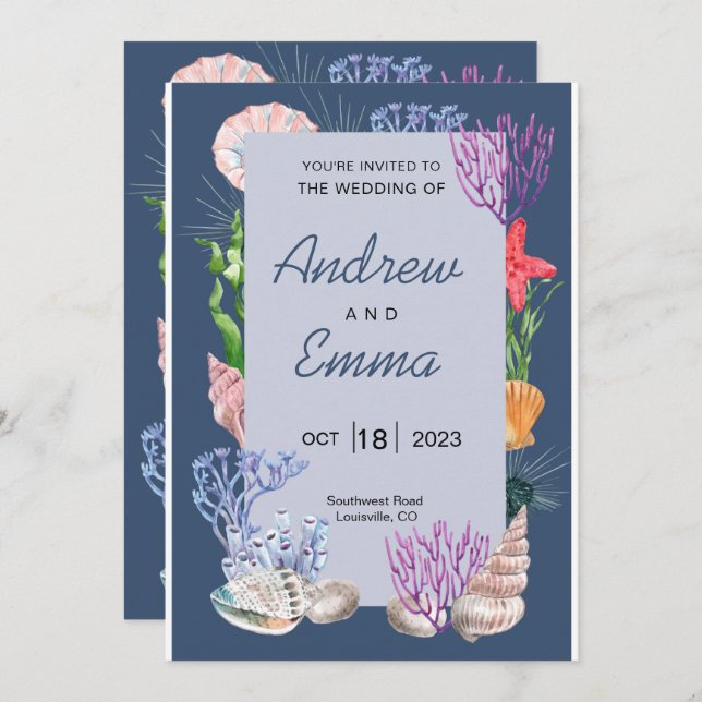 Under the Sea Blue Ocean Modern Wedding Invitation (Front/Back)