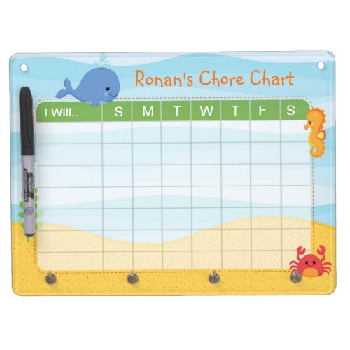 Under The Sea Blue Personalized Chore Charts Dry Erase Board With Keychain Holder