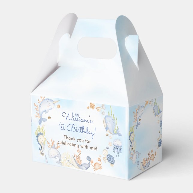 Under the Sea Blue Sea Life 1st Birthday Party Favor Boxes (Front Side)