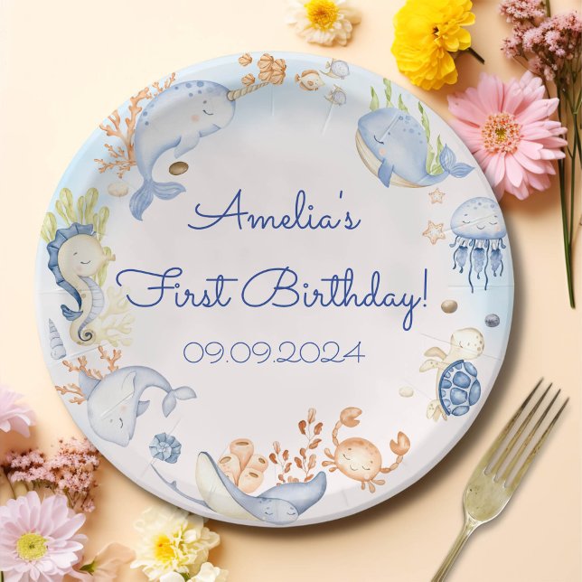 Under the Sea Blue Sea Life 1st Birthday Party Paper Plates (Creator Uploaded)