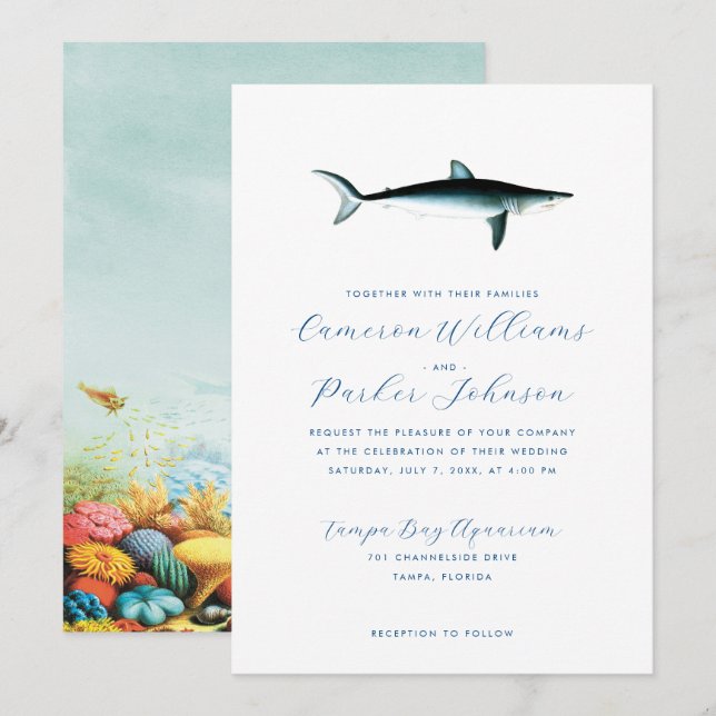 Under the Sea Blue Shark Aquarium Wedding Invitation (Front/Back)