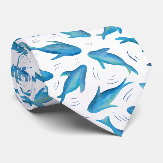 Under the Sea Blue Shark Fish Pattern Neck Tie (Rolled)