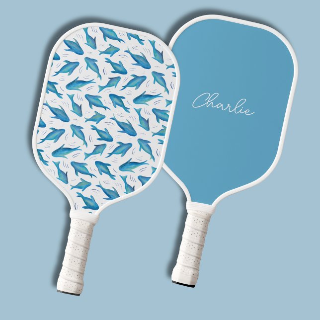 Under the Sea Blue Shark Fish Pattern Pickleball Paddle (Blue fish shark dolphi under the sea pickleball paddle)