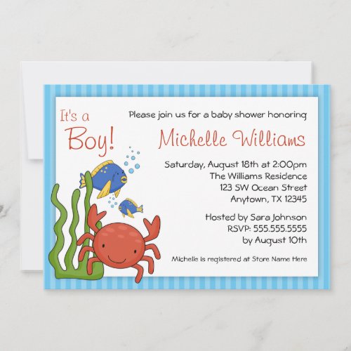 Under the Sea Blue Stripes Boy Baby Shower Personalized Announcements
