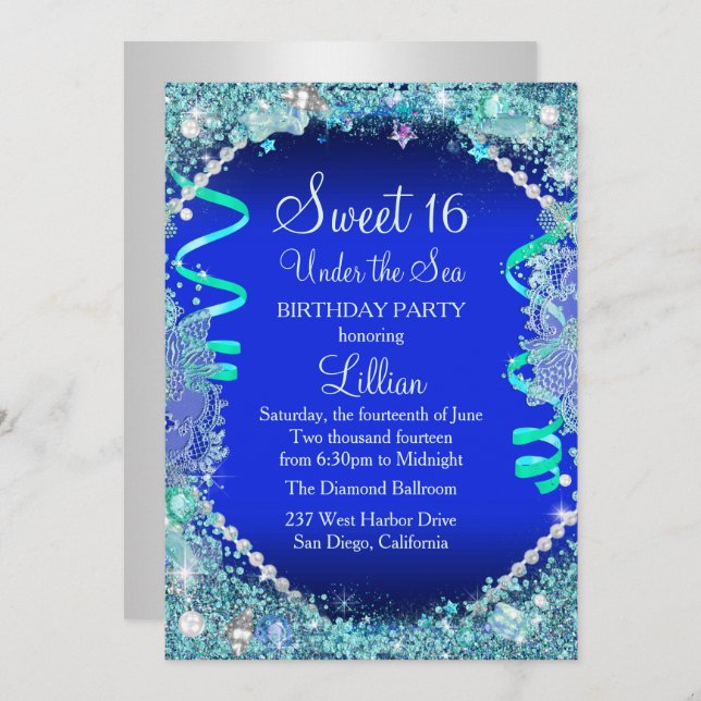 Under The Sea Blue Sweet 16 Invitation (Front/Back)