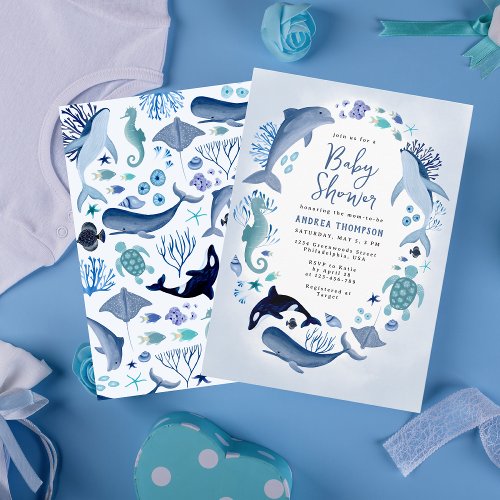 Under the Sea Blue Watercolor Baby Shower for Boys Invitation