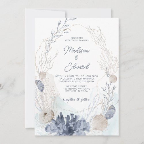 Under The Sea Blue Watercolor Coral Shells Wedding Invitation