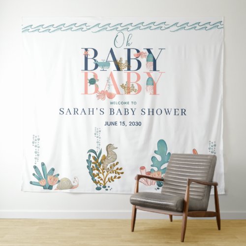 Under the Sea Blue Watercolor Oh Baby Baby Shower Tapestry