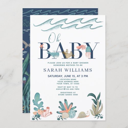 Under the Sea Blue Watercolor Oh Baby Shower Invitation - Create the perfect baby shower invitation with this modern under the sea theme design, featuring a hand painted whale, coral, and ocean animals decorating the word 'baby'. The back of the card features an under the sea ocean theme illustration. Copyright Elegant Invites, all rights reserved.