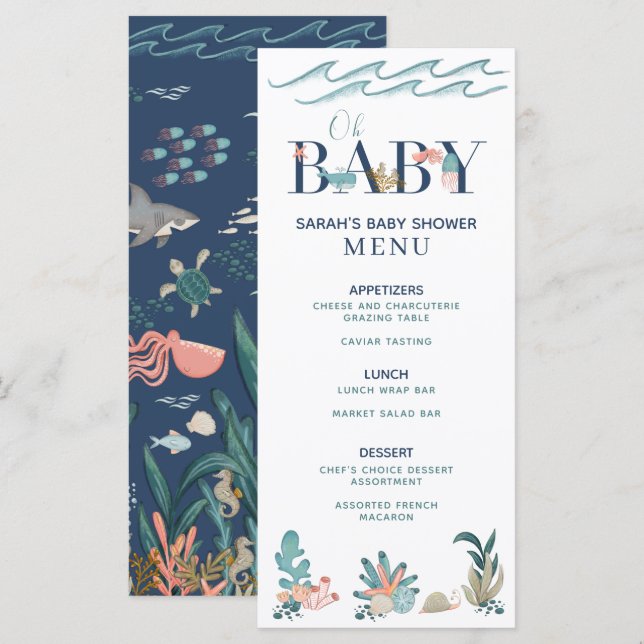 Under the Sea Blue Watercolor Oh Baby Shower Menu (Front/Back)
