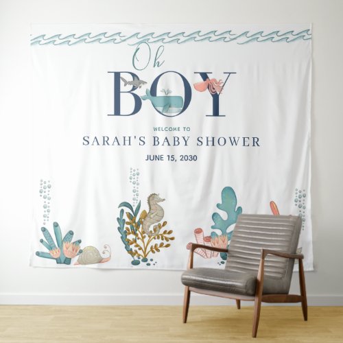 Under the Sea Blue Watercolor Oh Boy Baby Shower T Tapestry - Designed to coordinate with my bestselling Under the Sea Baby Shower design collection, this sweet tapestry features 'Oh BOY' in hand lettered and decorative text, and is adorned with cute sea creatures in coral, turquoise and kelp colors. View the collection here: https://www.zazzle.com/collections/under_the_sea_theme_baby_shower_suite-119766085098174908 Contact designer for matching products not included in the collection. Copyright Anastasia Surridge for Elegant Invites, all rights reserved.