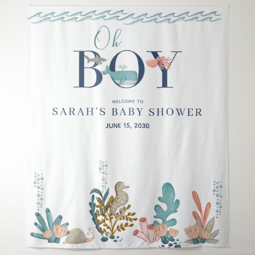 Under the Sea Blue Watercolor Oh Boy Baby Shower Tapestry - Designed to coordinate with my bestselling Under the Sea Baby Shower design collection, this sweet tapestry features 'Oh BOY' in hand lettered and decorative text, and is adorned with cute sea creatures in coral, turquoise and kelp colors. View the collection here: https://www.zazzle.com/collections/under_the_sea_theme_baby_shower_suite-119766085098174908 Contact designer for matching products not included in the collection. Copyright Anastasia Surridge for Elegant Invites, all rights reserved.