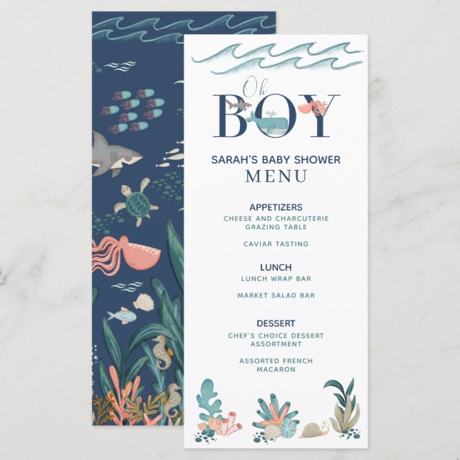 Under the Sea Blue Watercolor Oh Boy Shower Menu (Front/Back)