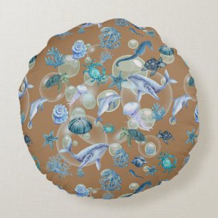 Under the Sea Blue Watercolor on brown Round Pillow