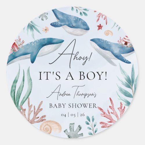 Under the Sea Blue Whale Boy Baby Shower Classic Round Sticker