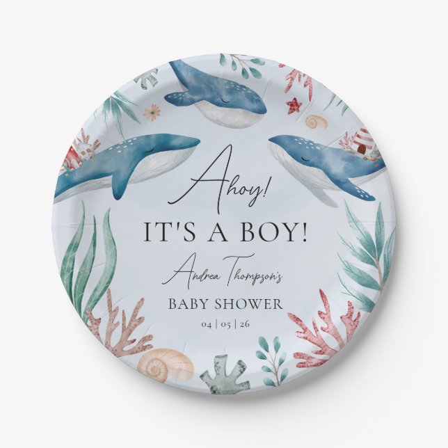Under the Sea Blue Whale Boy Baby Shower Paper Plates (Front)