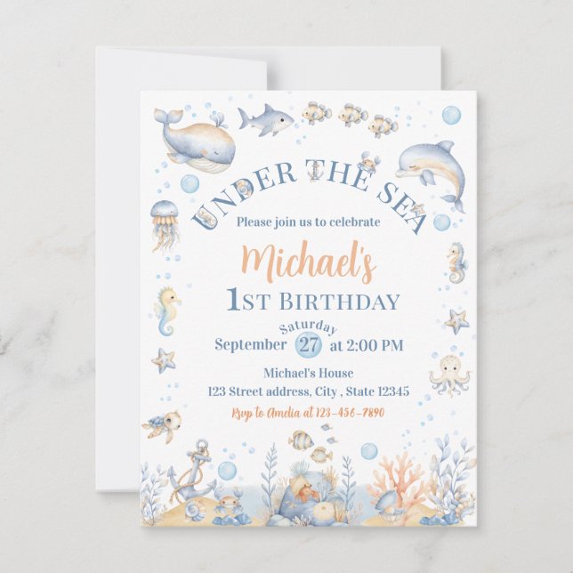 Under the Sea Boy 1st Birthday Invitation Whale (Front)
