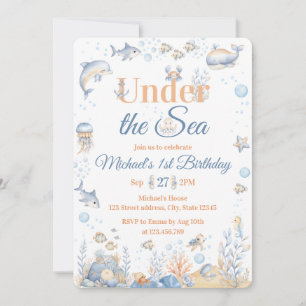 Under the Sea Boy 1st Birthday Invitation Whale