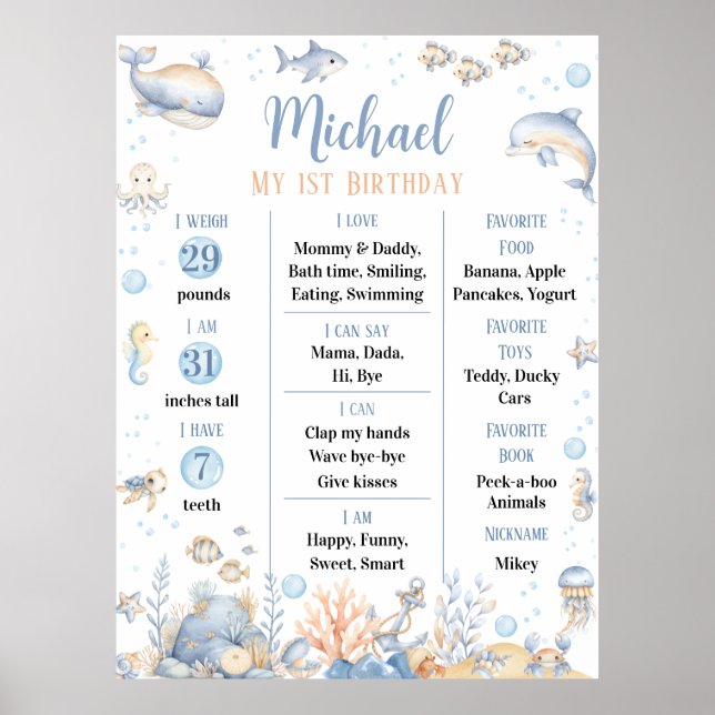 Under the Sea Boy 1st Birthday Milestone Poster (Front)