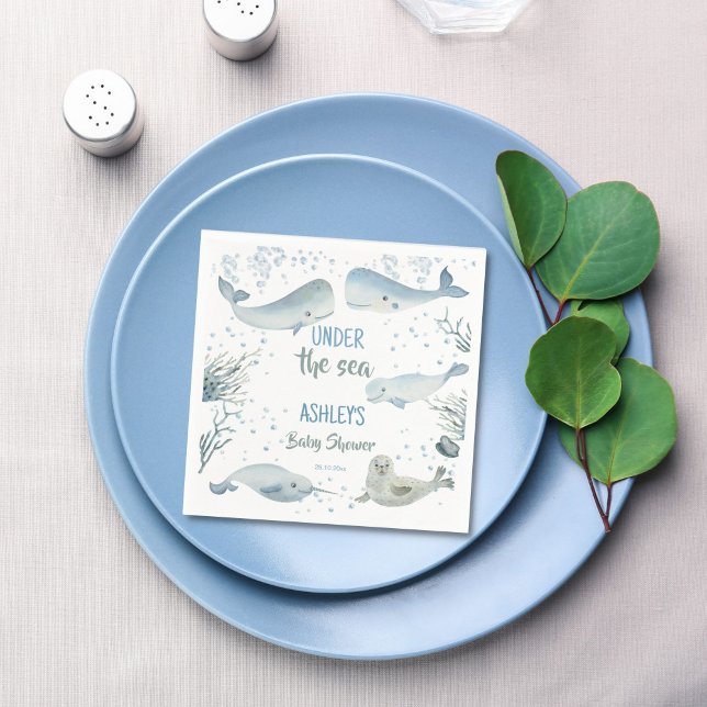 Under the sea boy baby shower printed napkins (Under the sea dusty blue pastel boy baby shower printed napkins personalized table decor)