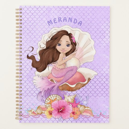 Under the Sea Brunette Mermaid and Sea Shell Planner