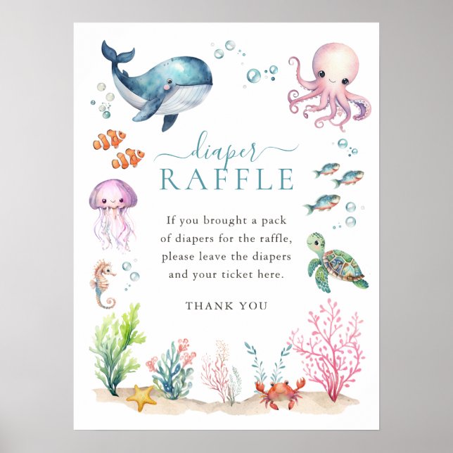 Under The Sea Colorful Baby Shower Diaper Raffle Poster (Front)