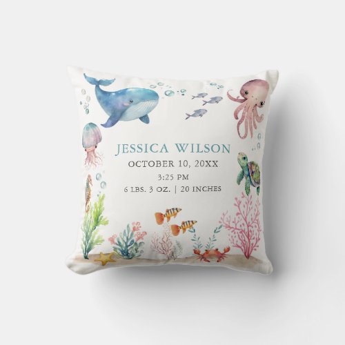 Under The Sea Colorful Ocean Baby Birth Stat Throw Pillow