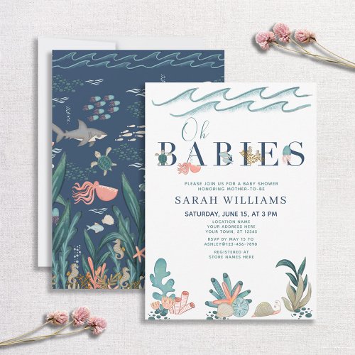 Under the Sea Coral Watercolor Oh Babies Shower Invitation