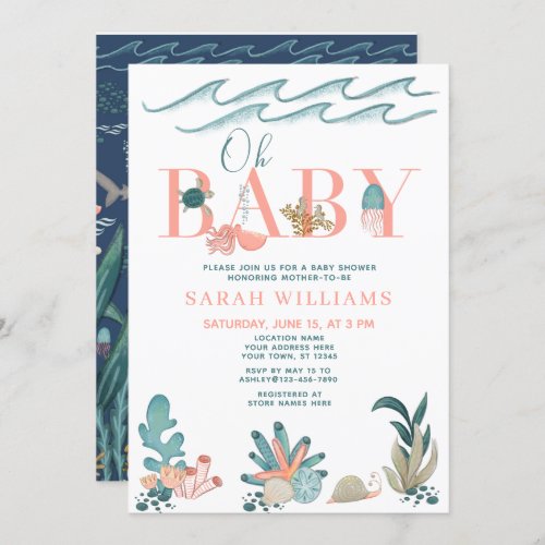 Under the Sea Coral Watercolor Oh Baby Girl Shower Invitation - Create the perfect girl baby announcement + baby shower invitation with this modern under the sea theme design, featuring a hand painted whale, coral, and ocean animals decorating the word 'girl' in coral text. The back of the card features an under the sea ocean theme illustration. Copyright Elegant Invites, all rights reserved.