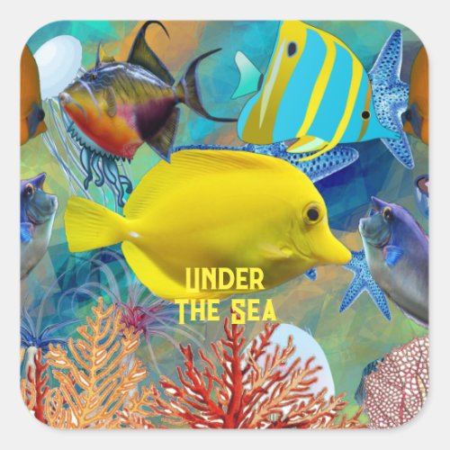 Under The Sea Corals Fish Blue Water Marine Life  Square Sticker