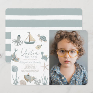 Under the Sea Creatures Blue Boy Birthday Photo Invitation