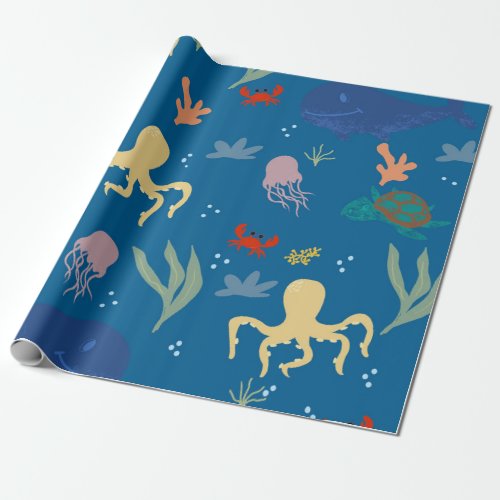 Under The Sea Creatures Blue Wrapping Paper